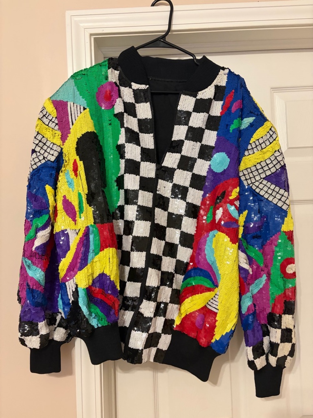 Colorful Sequin Abstract Bomber Jacket - Black & Multi